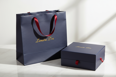 Dark navy blue and cherry colored handle jewlry bag and jewelry box, with the words Lumiere D'or written on it in wine yellow, on white marble in the studio, very realistic and natural, as if it came out of a photo shoot