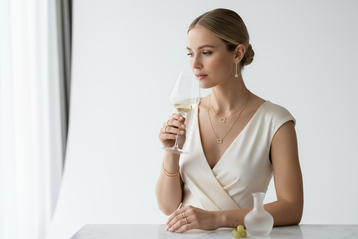 minimalist style blondy jewelry model 8k photos ,she is drink wine take shots